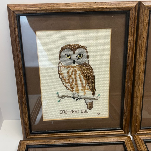 Four VTG 1970s MCM Cottagecore Embroidered Needlepoint Framed Owl 12x9” - Picture 3 of 8